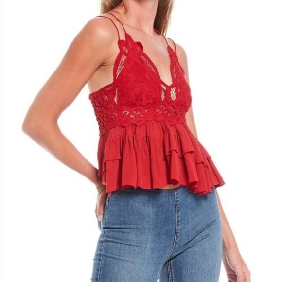 Free People Tops - Free People | Free People Women's Red Floral Lace Sleeveless Camisole Top